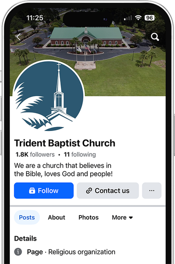 Screenshot of a Facebook profile for Trident Baptist Church; shows the church's logo, cover photo of the building.