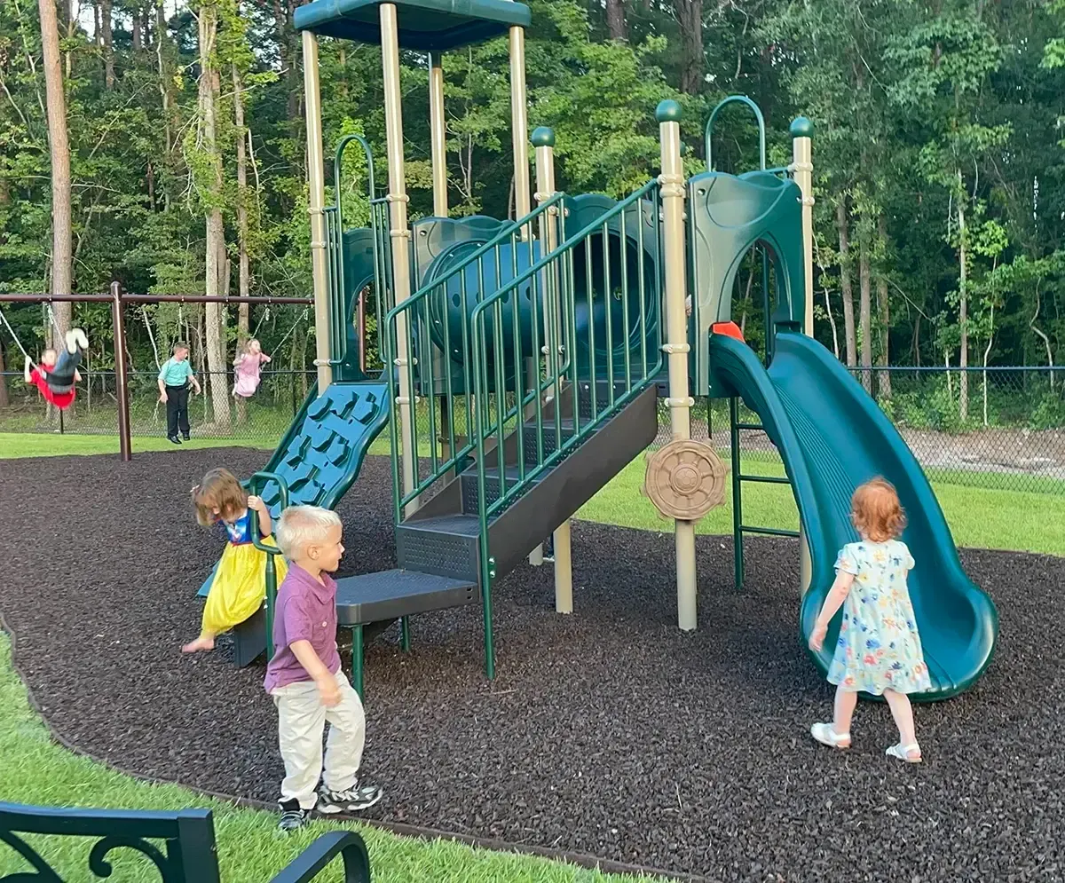 Children playing on a green playground with a slide and swings, set among trees.
