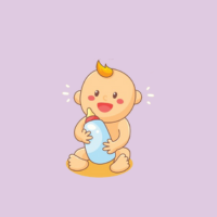 Un bebé de dibujos animados está bebiendo leche de un biberón.