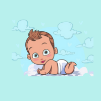 Un bebé de dibujos animados con pañal está gateando sobre una nube.