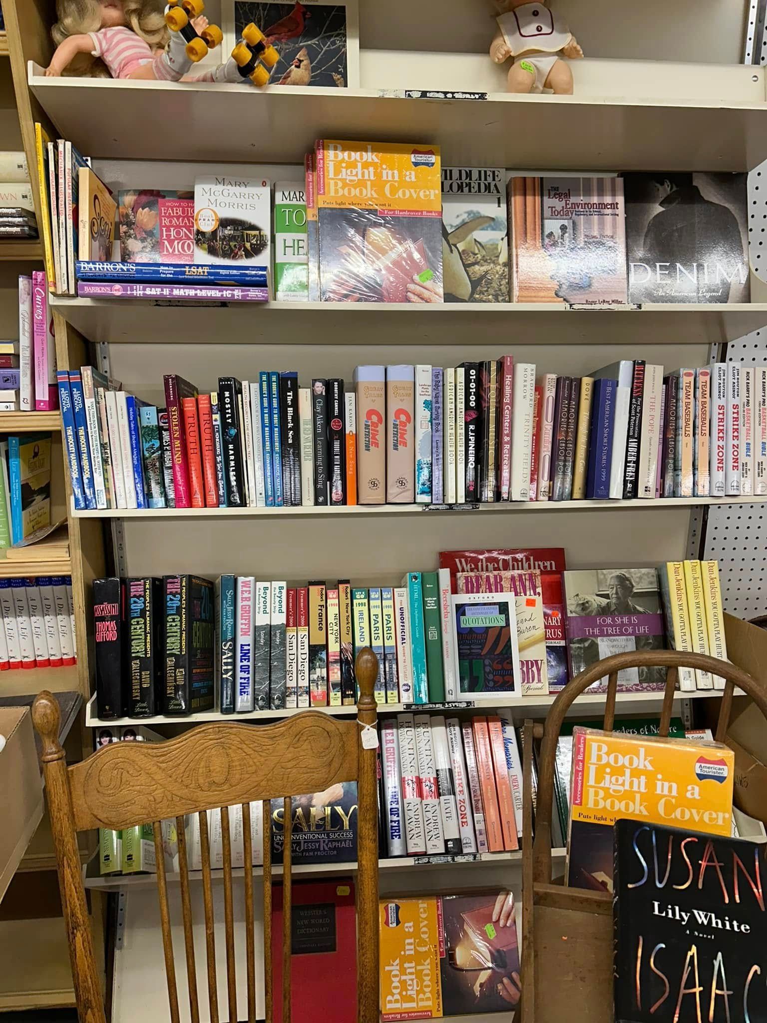 Book-filled shelves in a cozy room with stuffed animals on top and two wicker chairs in front.