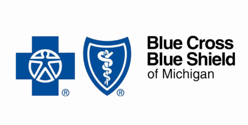 Blue Cross Blue Shield of Michigan logo: blue crosses and shield with text.