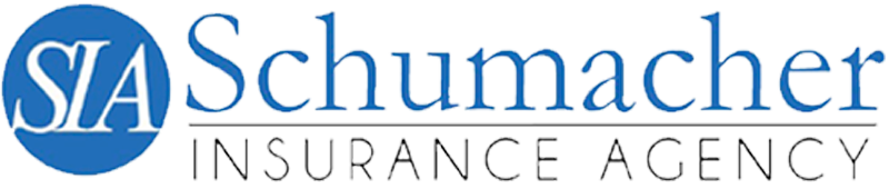 A blue and white logo for a company called schaumacher insurance agency