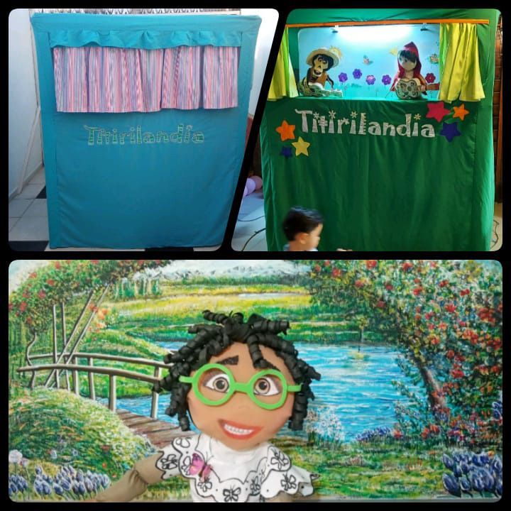 Un collage de tres imágenes muestra un espectáculo de marionetas llamado titirilandia