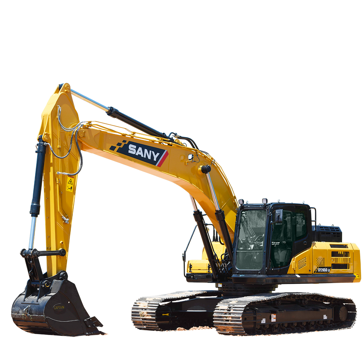 A yellow excavator with a black bucket is on a white background.