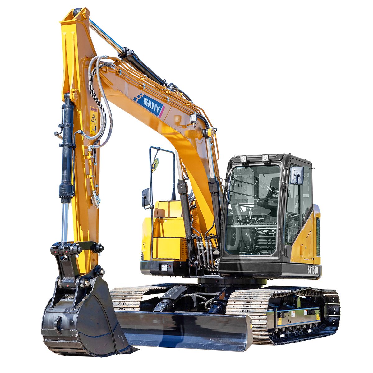 A yellow excavator with a large bucket on a white background.