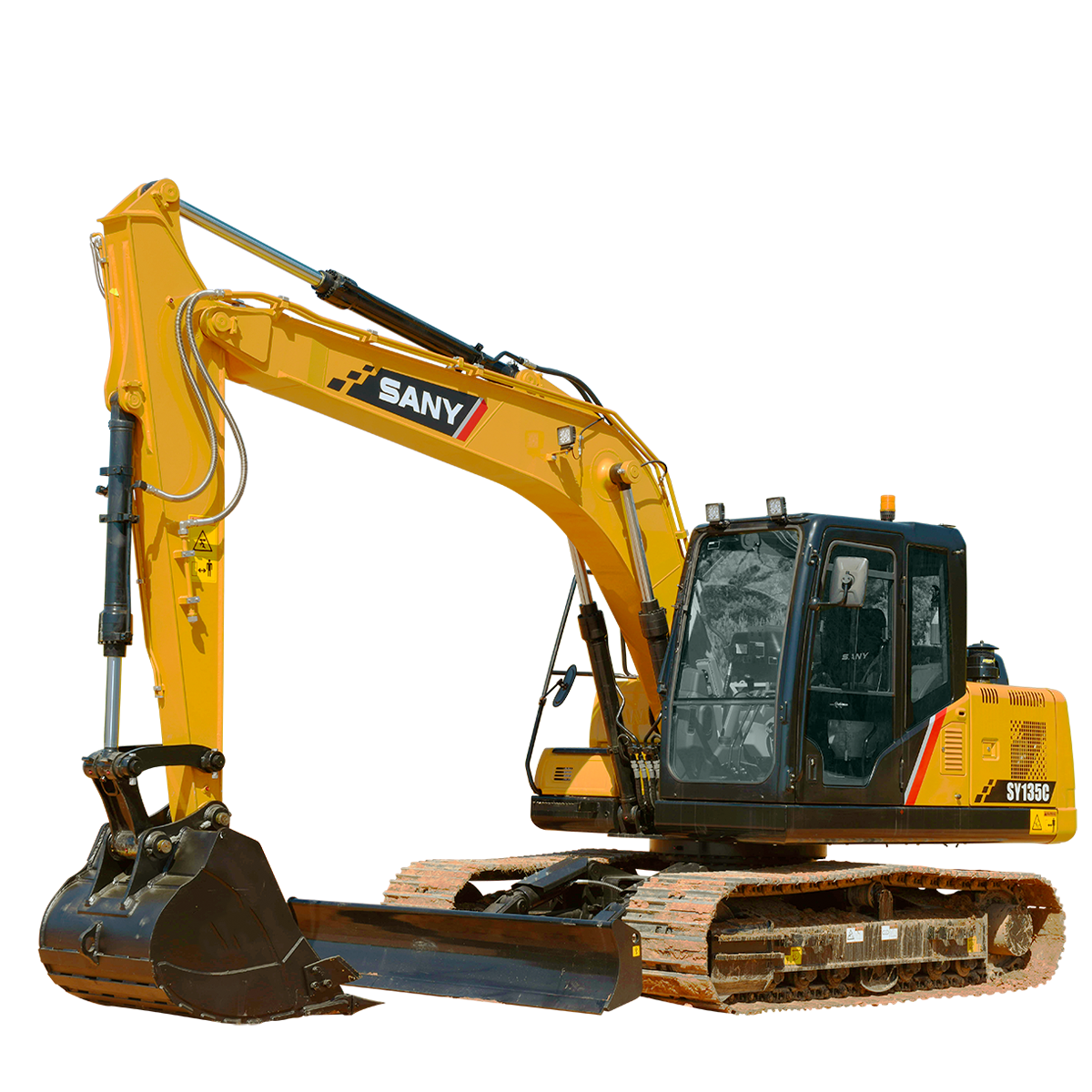 A yellow excavator with a large bucket on a white background.