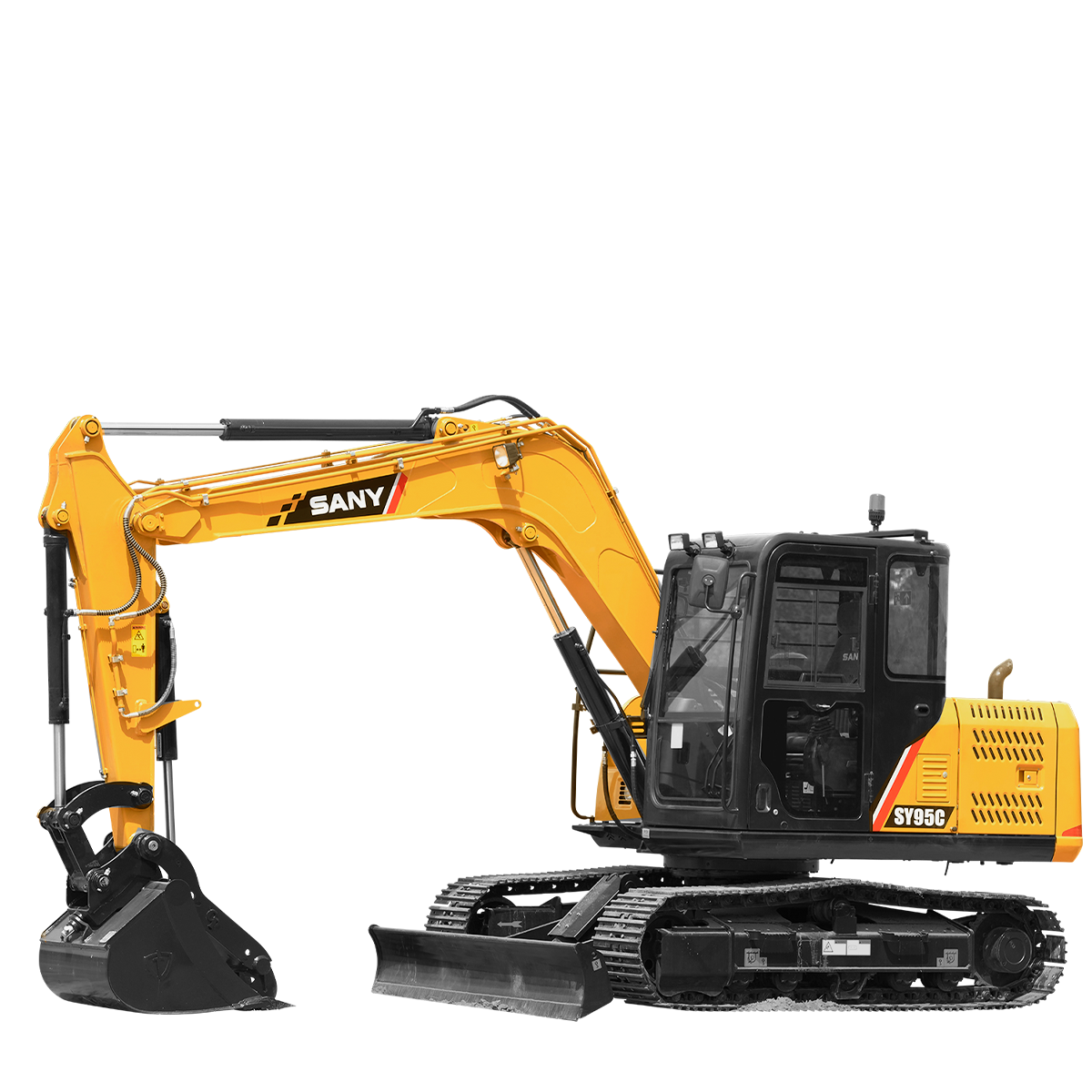 A yellow excavator with a black bucket on a white background.