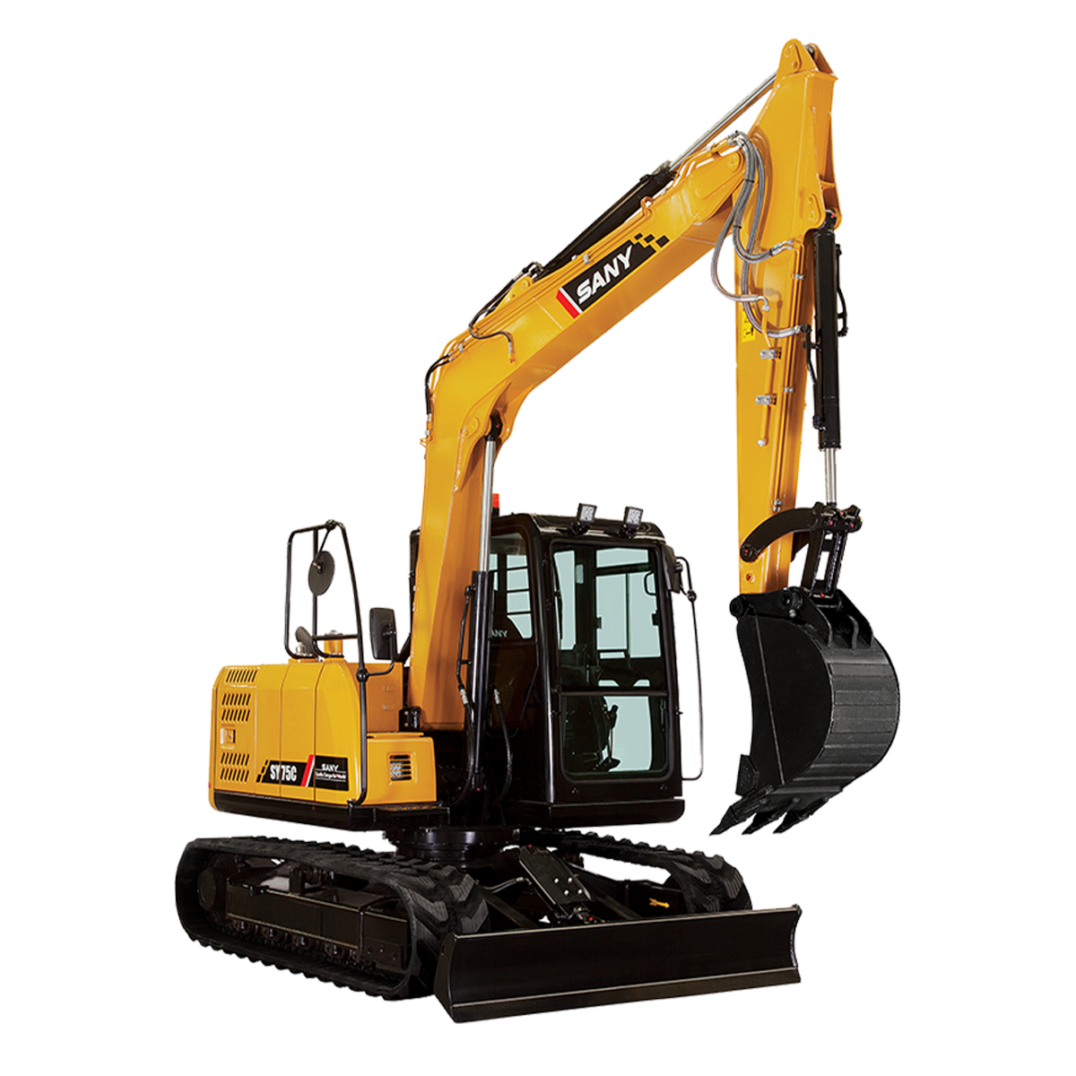 A yellow excavator with a black bucket is on a white background.