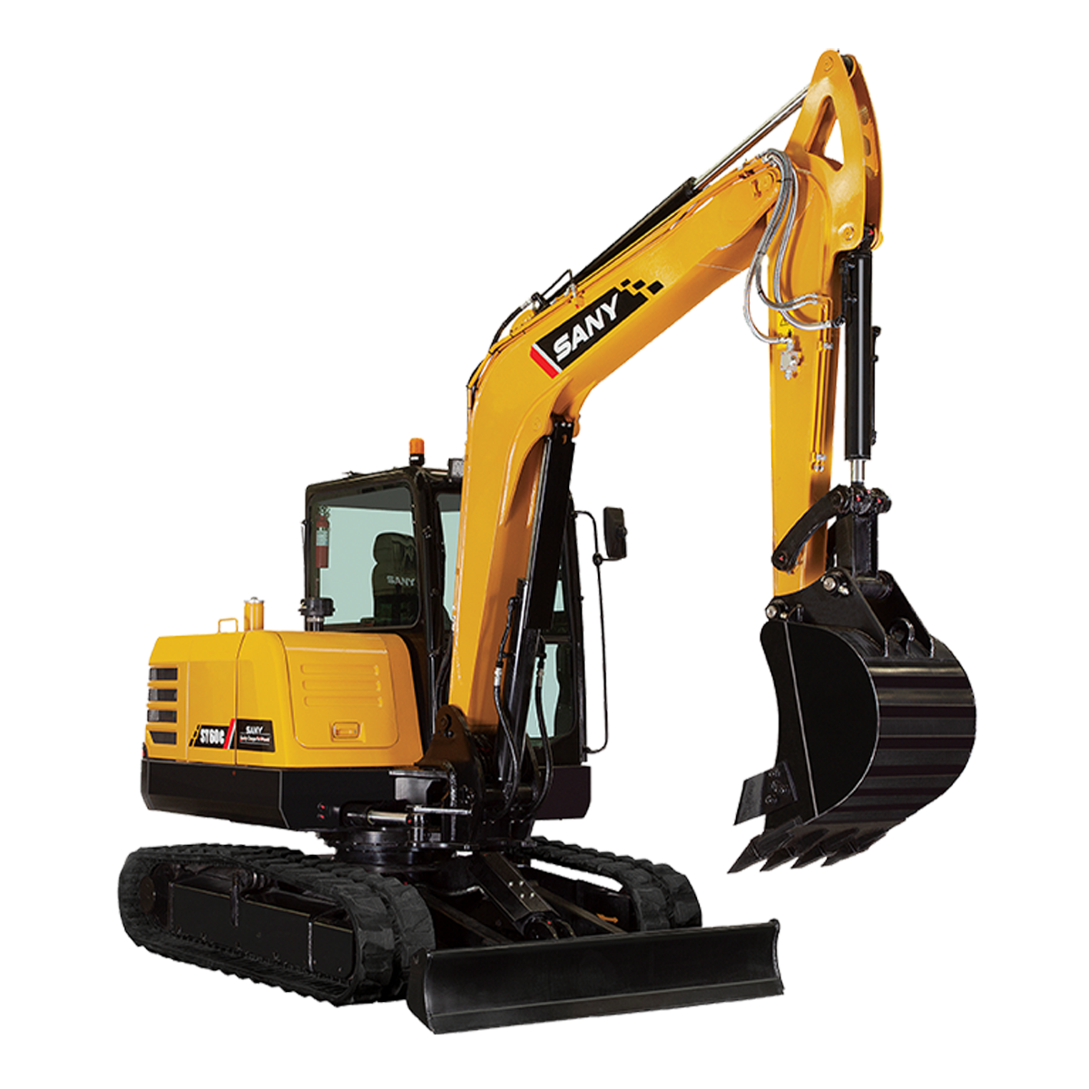 A yellow excavator with a black bucket on a white background.