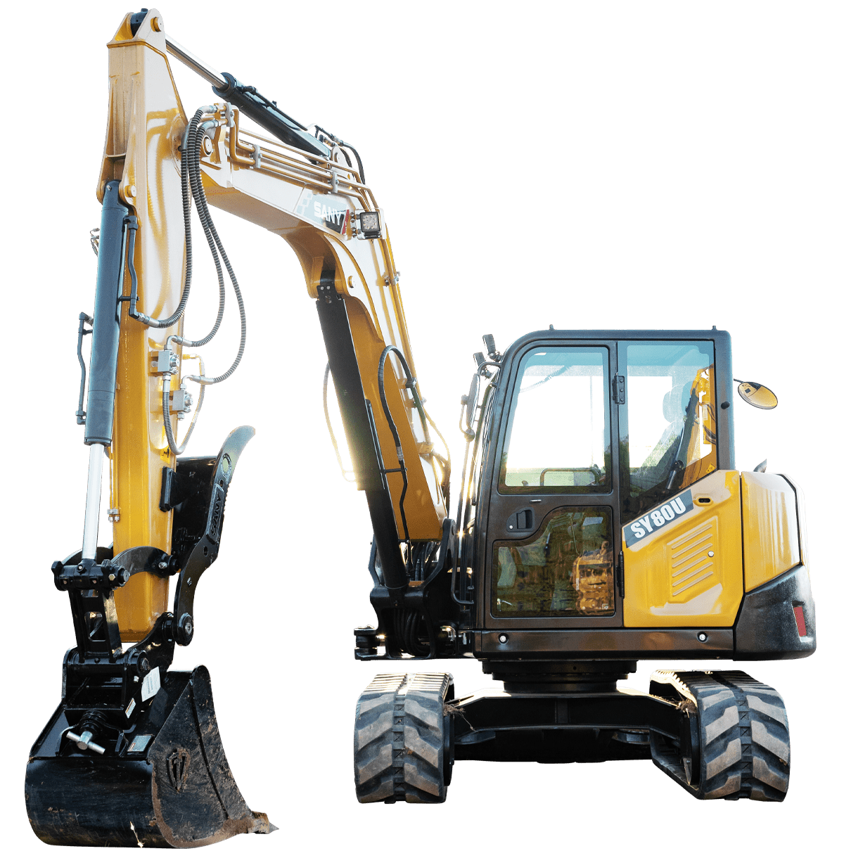 A yellow excavator with a black bucket on a white background.