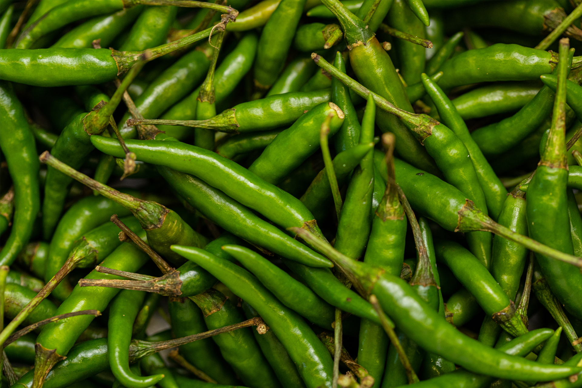 A pile of green chili peppers on a table.