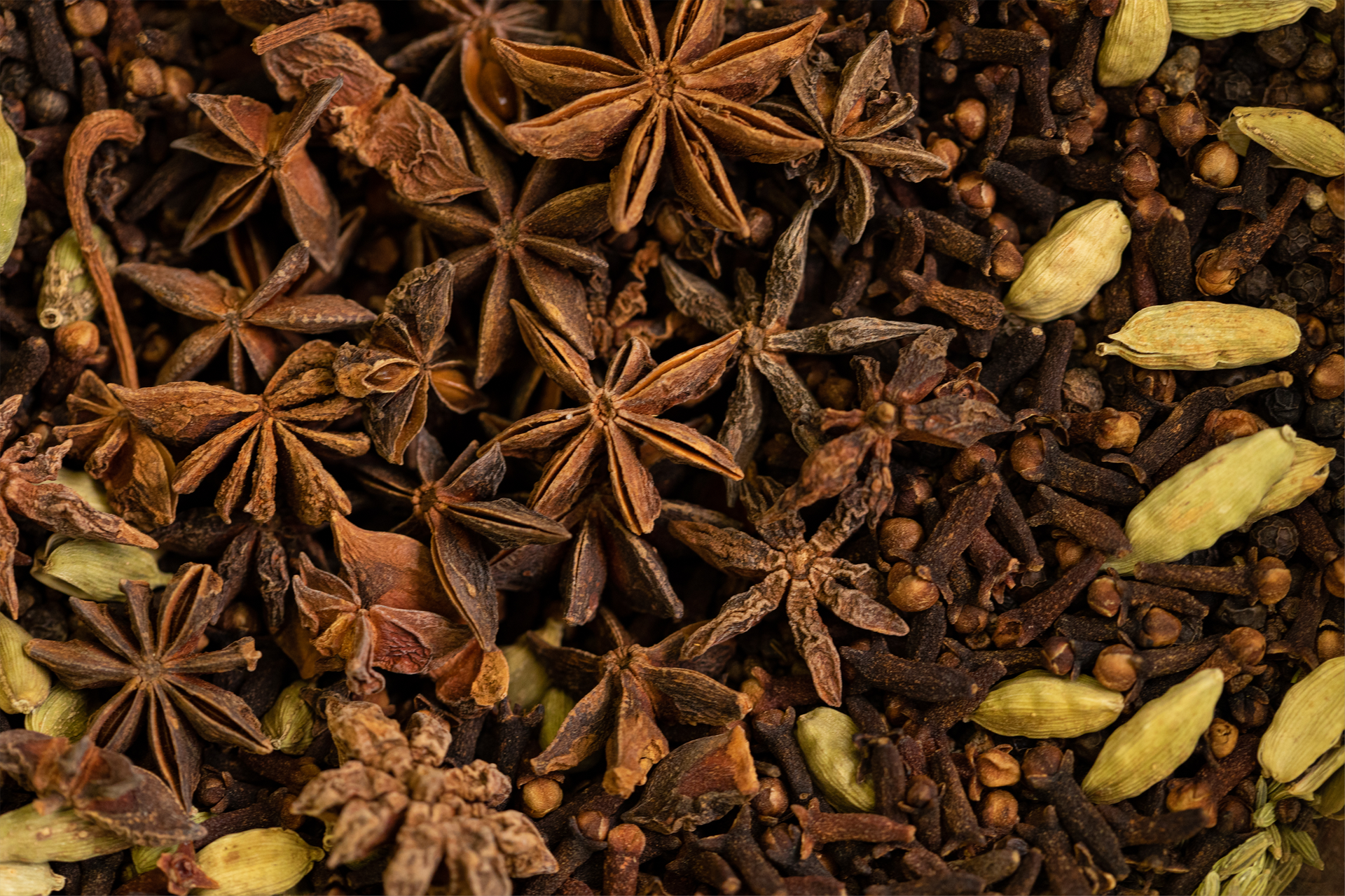 A pile of spices including star anise , cloves and cardamom