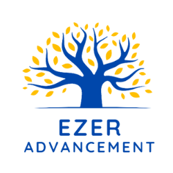 A blue and yellow logo for ezer advancement