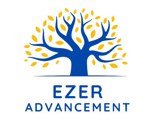 A blue and yellow logo for a company called ezer advancement