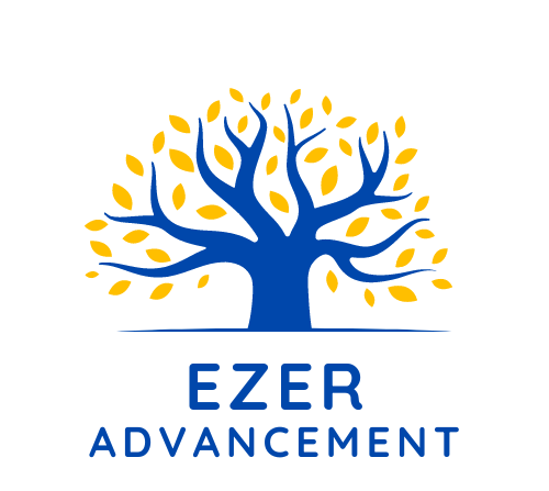 A blue and yellow logo for ezer advancement