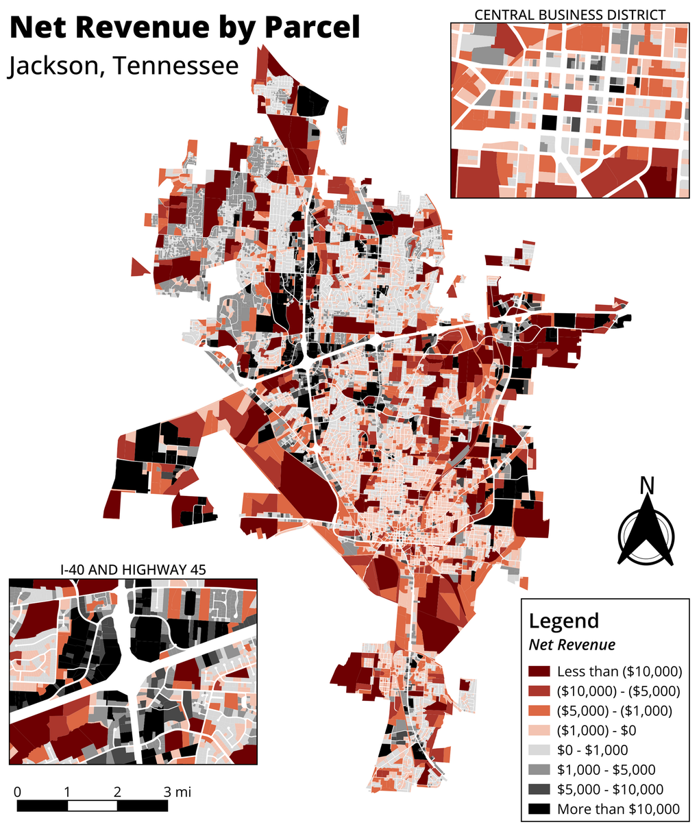 Map of Net Revenue by Parcel in Jackson, Tennessee