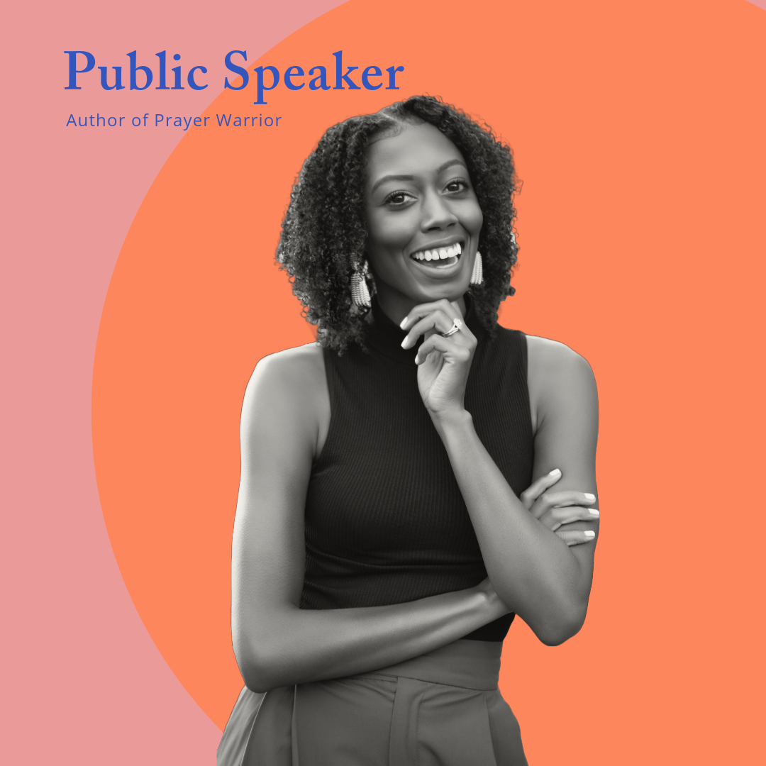 black and white photo of an African-American woman with natural using her brand image to promote a speaking event discussing her published boo, 'Prayer Warrior.'