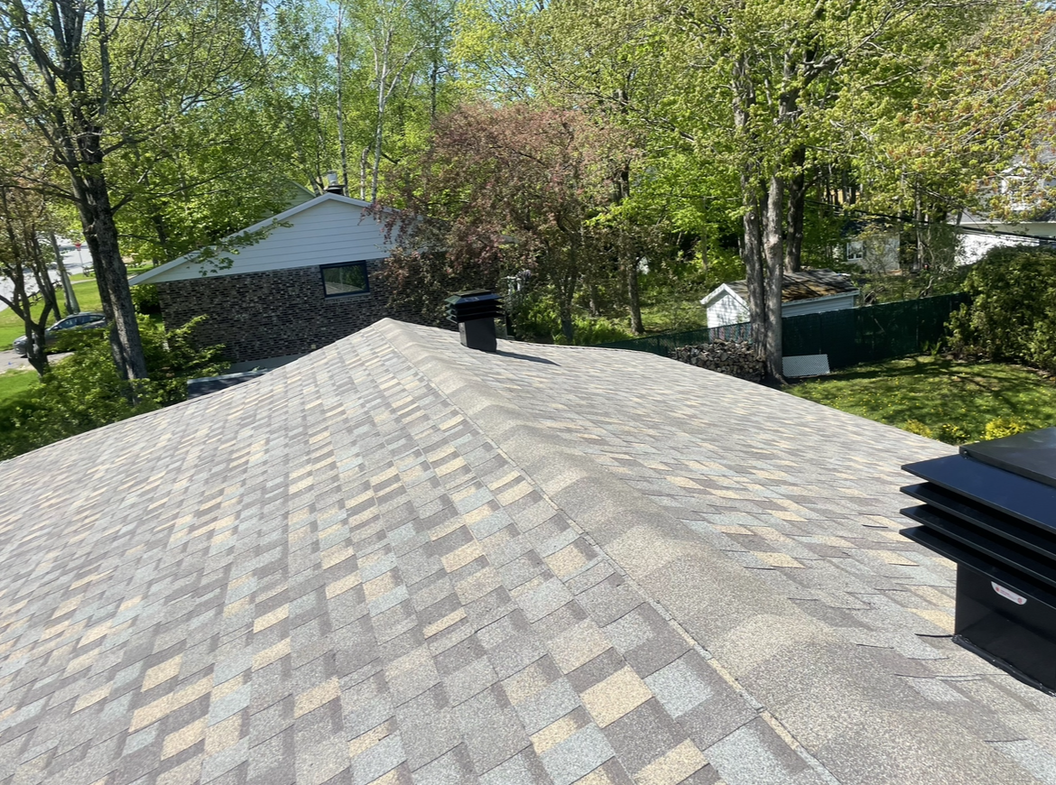 Toiture en bardeaux multicolores. Arbres et maisons en arrière-plan par une journée ensoleillée.