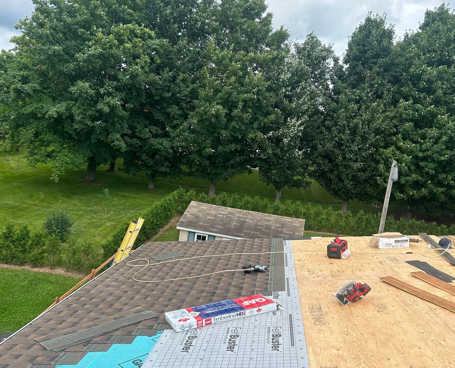 Travaux de toiture en cours : Nouveau contreplaqué et bardeaux sur un toit, outils, arbres en arrière-plan.