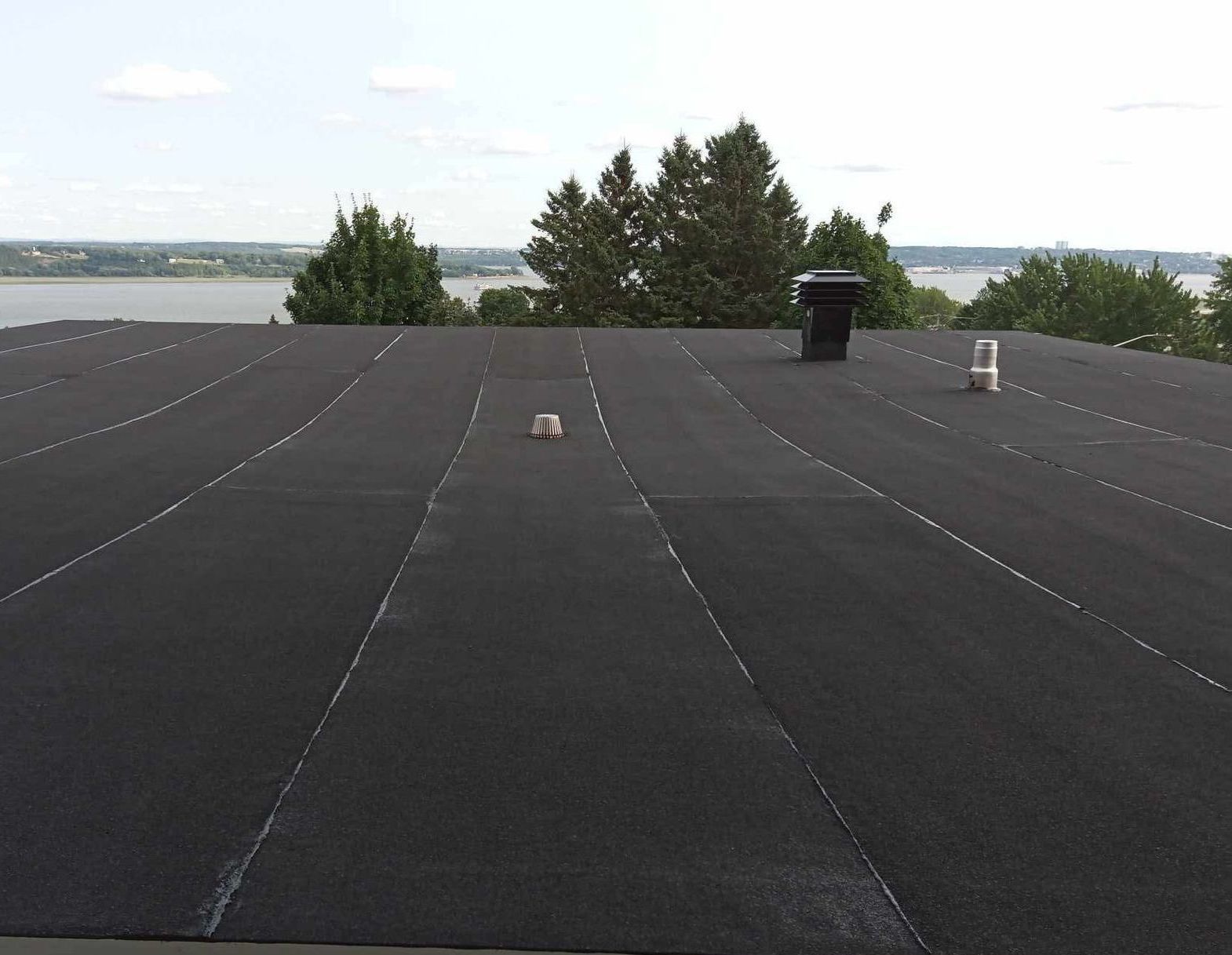 Toit plat noir avec une cheminée, un évent et des arbres en arrière-plan, surplombant un plan d'eau.