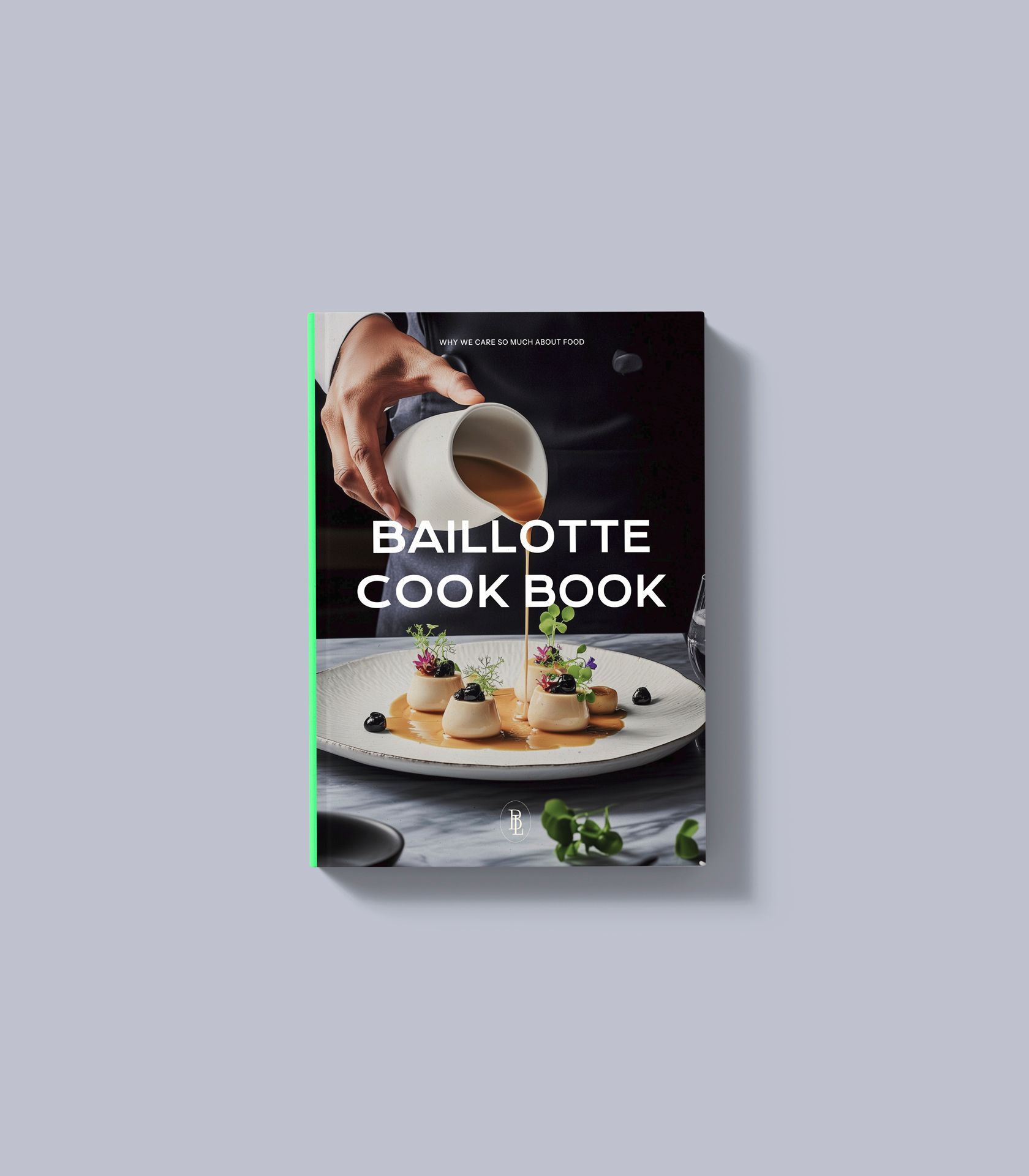 Capa de livro de receitas com prato pronto, fundo escuro e uma mão polvilhando tempero sobre a comida.