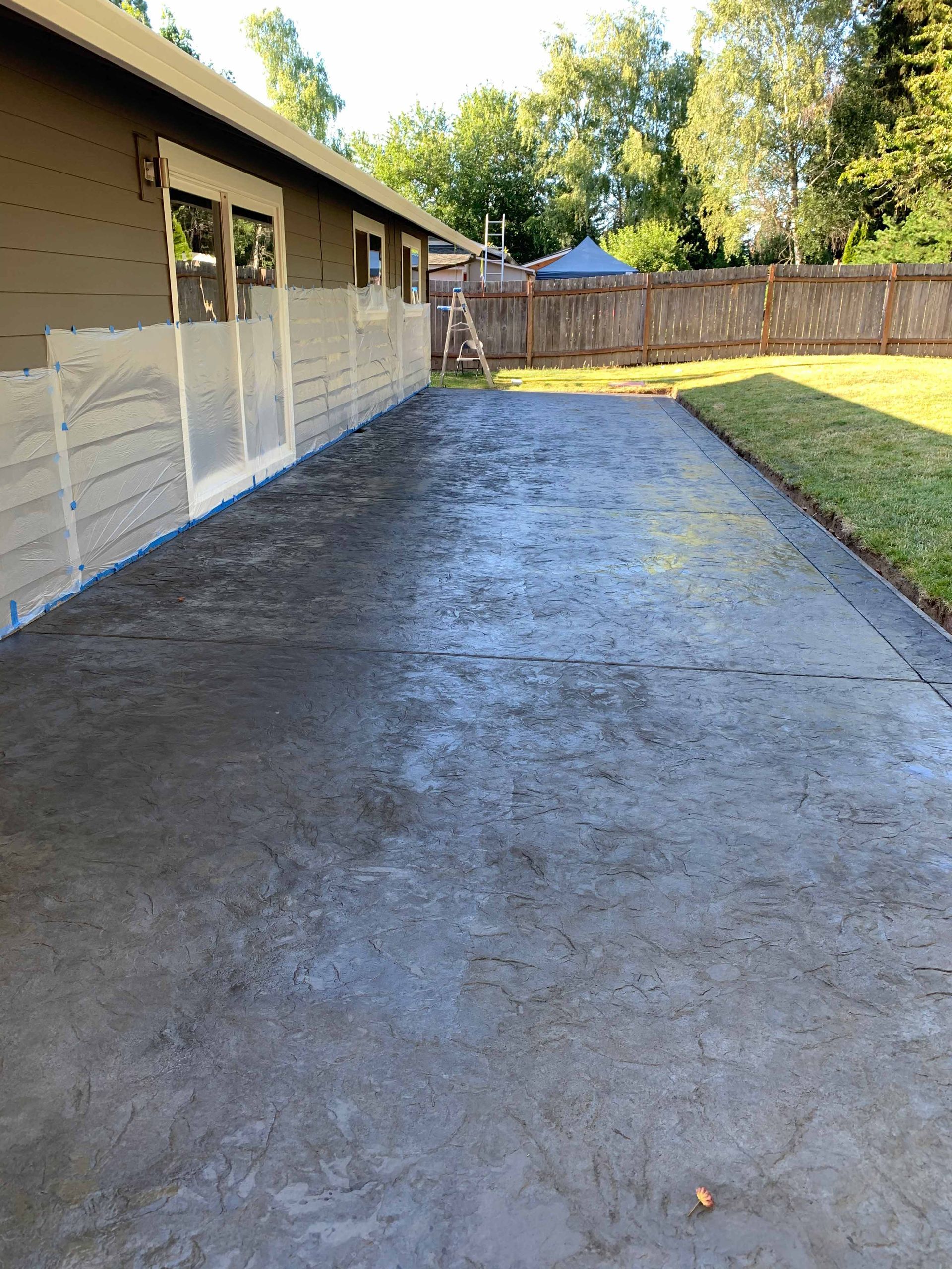 A concrete driveway leading to a house with a fence in the background.