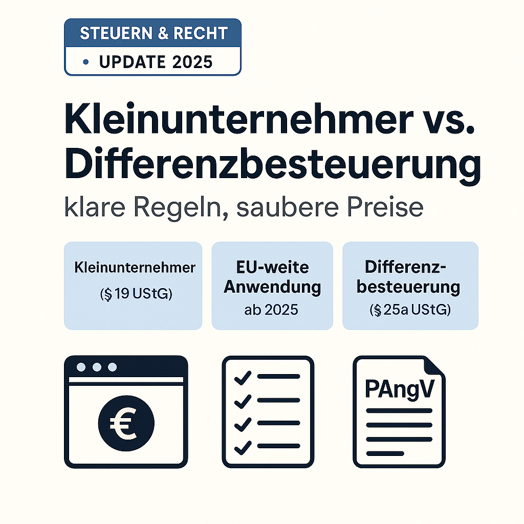 Infografik zu Kleinunternehmerregelung (§19 UStG) und Differenzbesteuerung (§25a UStG) – klare Regel