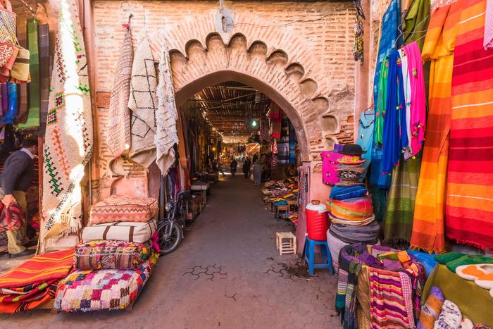 An inviting display of traditional Moroccan crafts in a vibrant market.