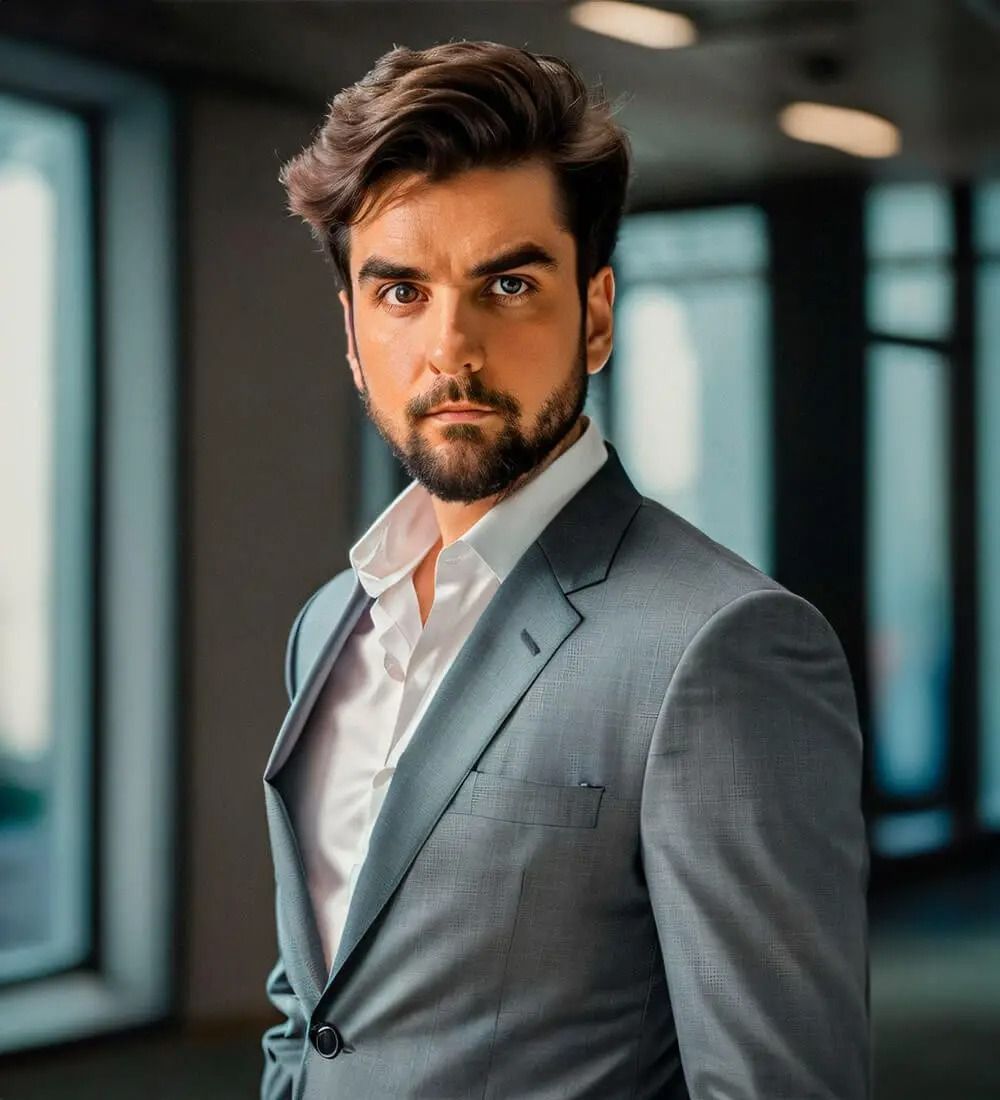 A man with a beard is wearing a suit and white shirt