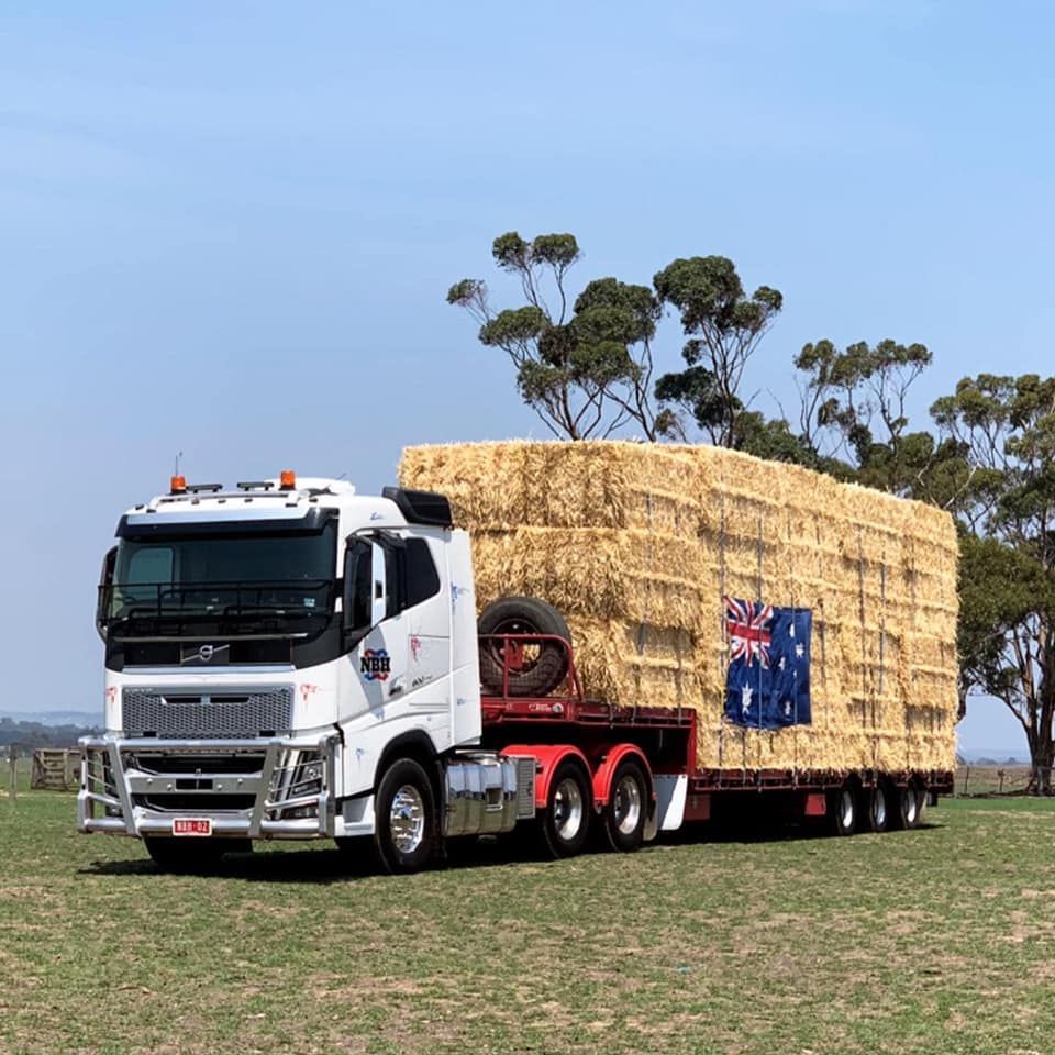 A white truck is pulling a trailer full of hay bales
