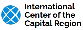 Logo of the International Center of the Capital Region; a blue globe with text.