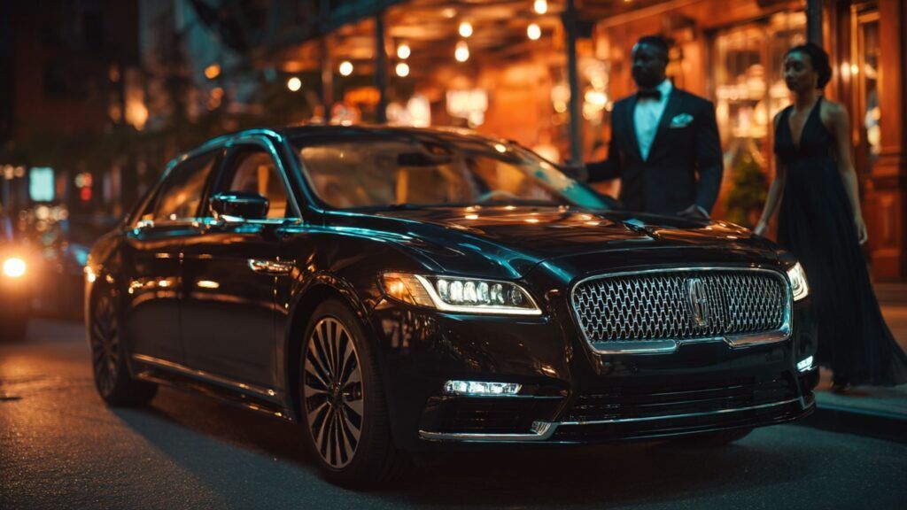 Couple in formal wear next to a black Lincoln Continental on a city street at night.
