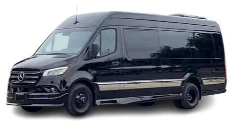Black Mercedes Sprinter van on a white background, side view.