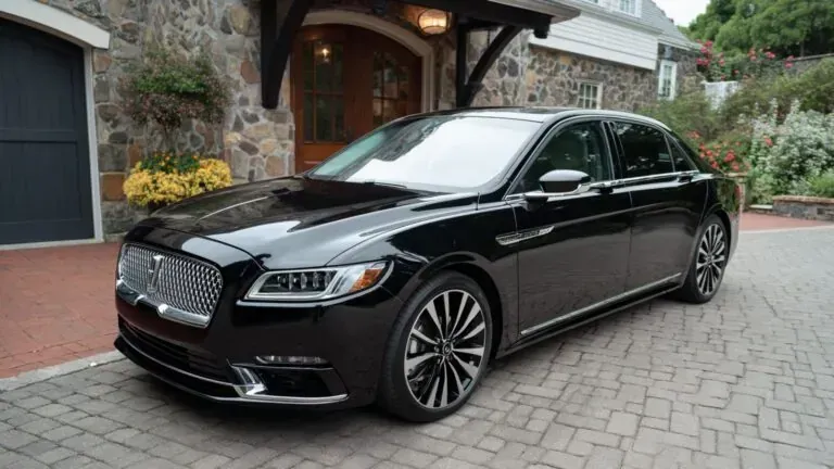 Black Lincoln Continental sedan parked in front of a stone building.