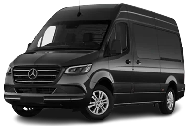 Black Mercedes-Benz Sprinter van, parked outside.