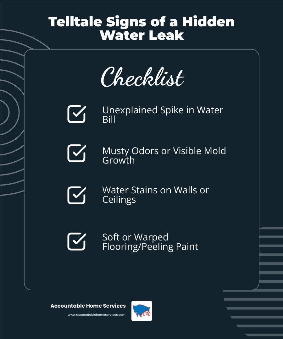 Checklist of hidden water leak signs: unexplained bill spike, musty odors, water stains, and warped flooring.