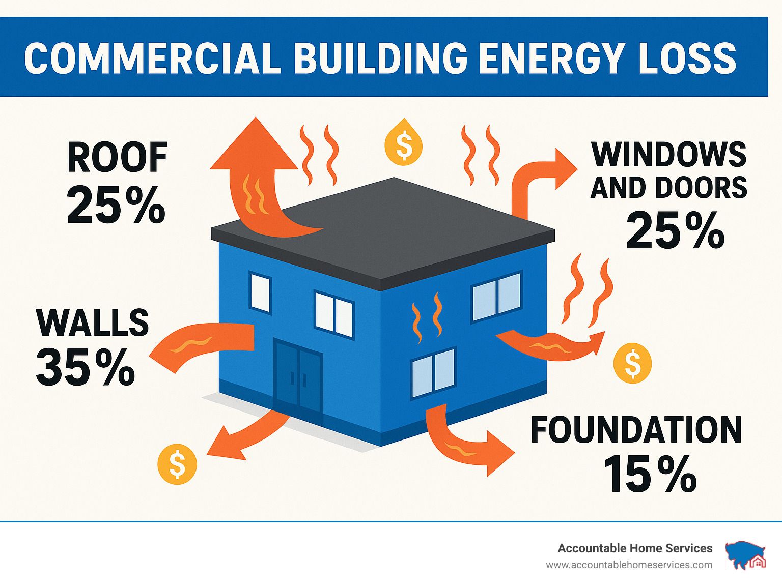 Diagram showing commercial building energy loss. Walls: 35%, Roof: 25%, Windows/Doors: 25%, Foundation: 15%.