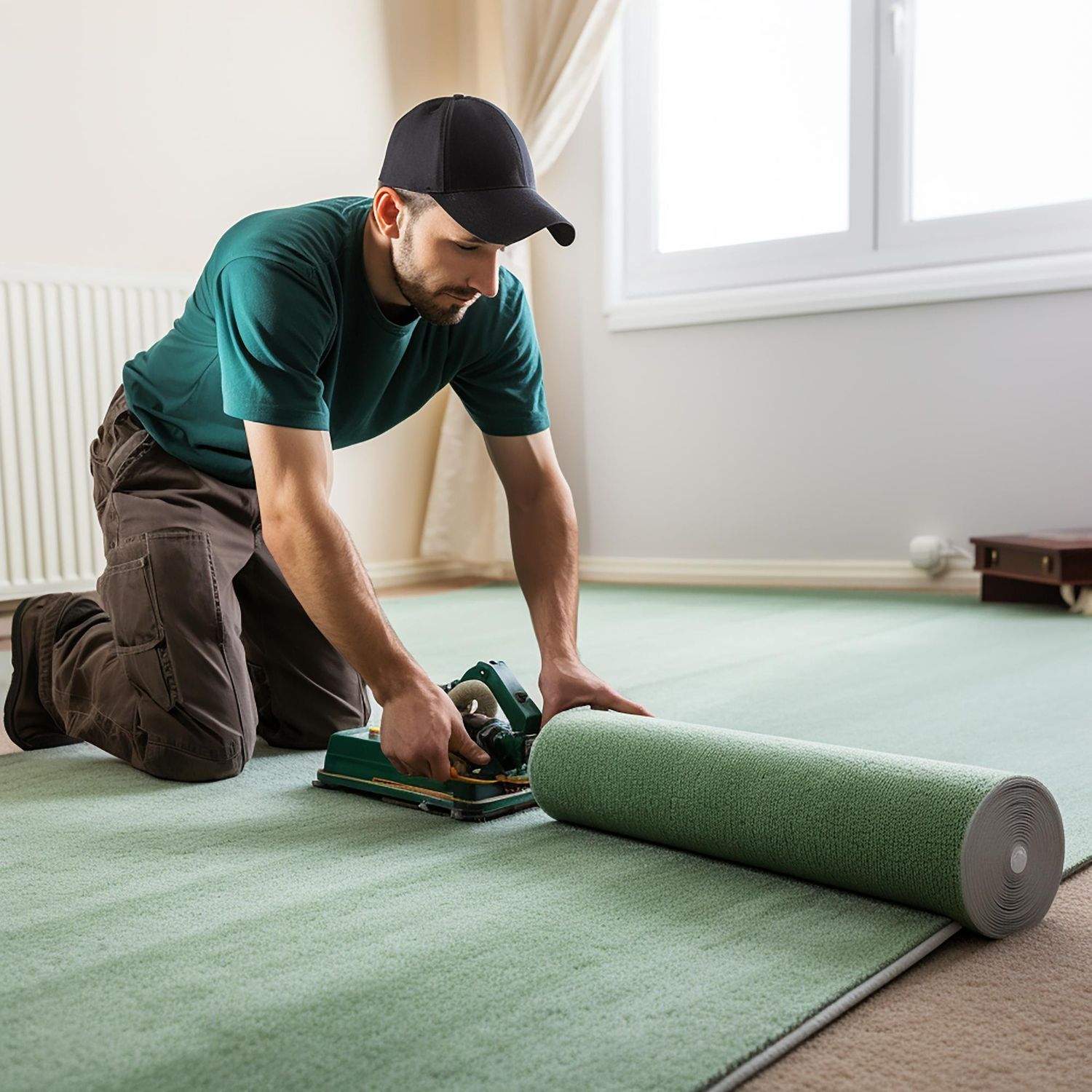 Man in white shirt opening a dryer door in a laundromat.