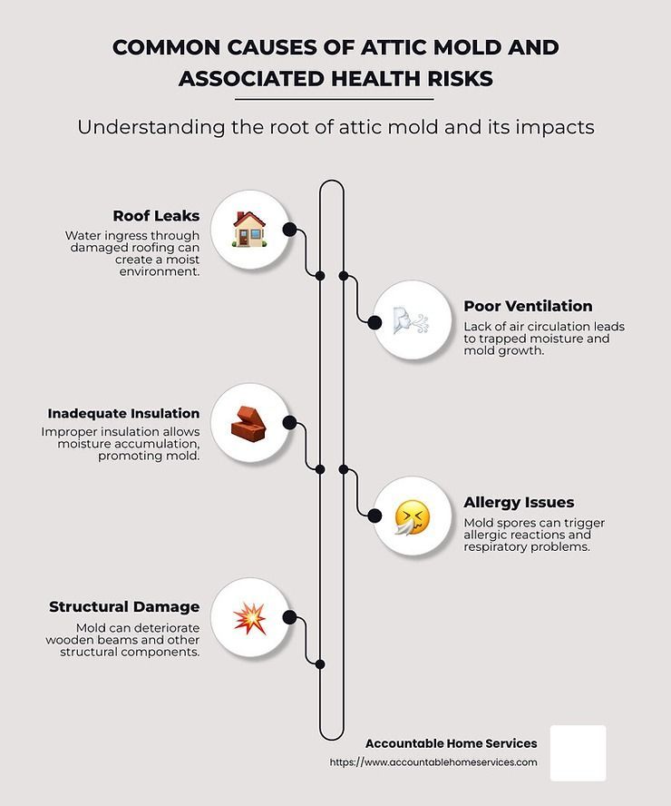 A diagram showing the common causes of attic mold and associated health risks.