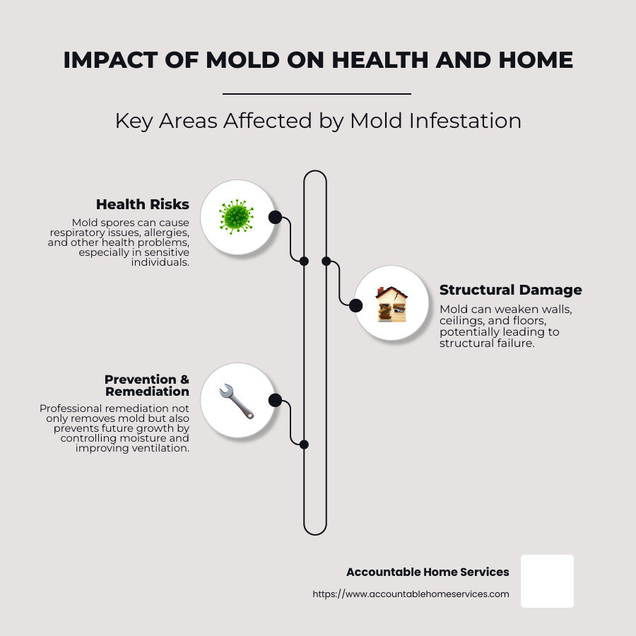 A diagram showing the impact of mold on health and home.