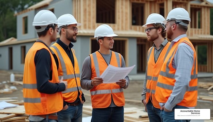 A group of construction workers are standing in front of a house under construction.