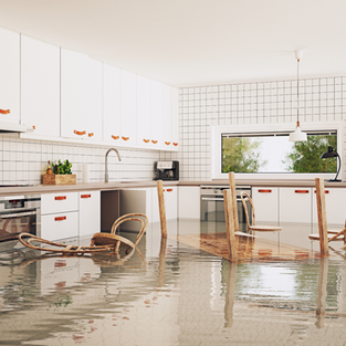 A kitchen with a flooded floor and a table and chairs.