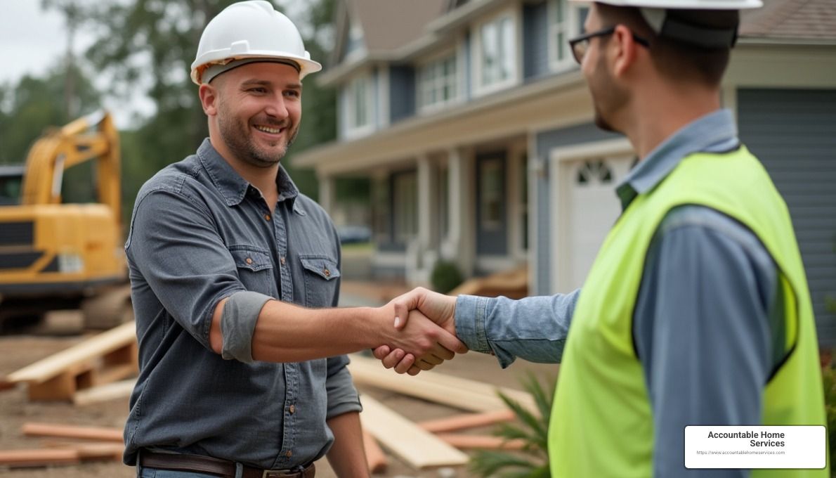 Two construction workers are shaking hands in front of a house under construction.