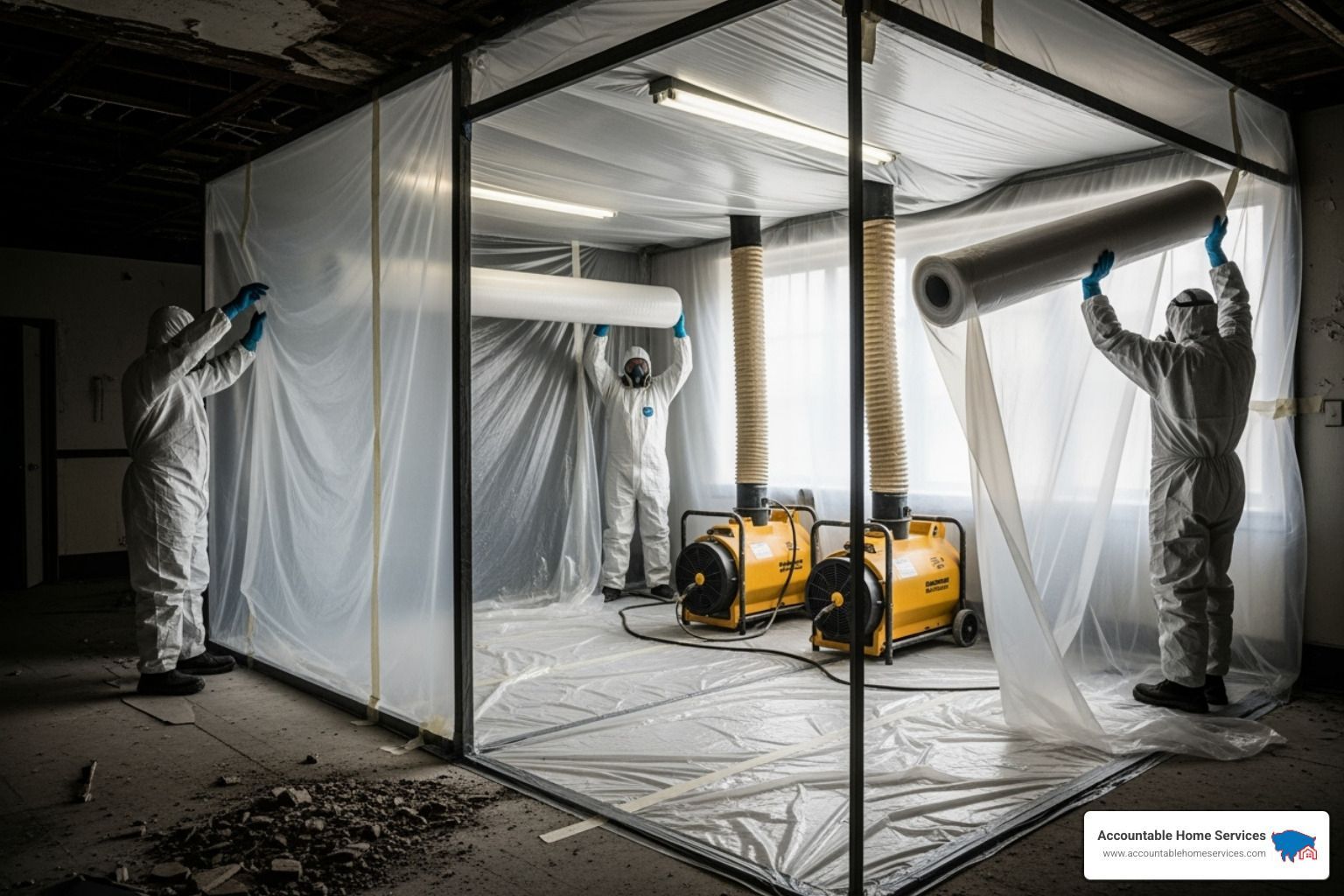 professional abatement team setting up a containment area - asbestos and lead testing denver