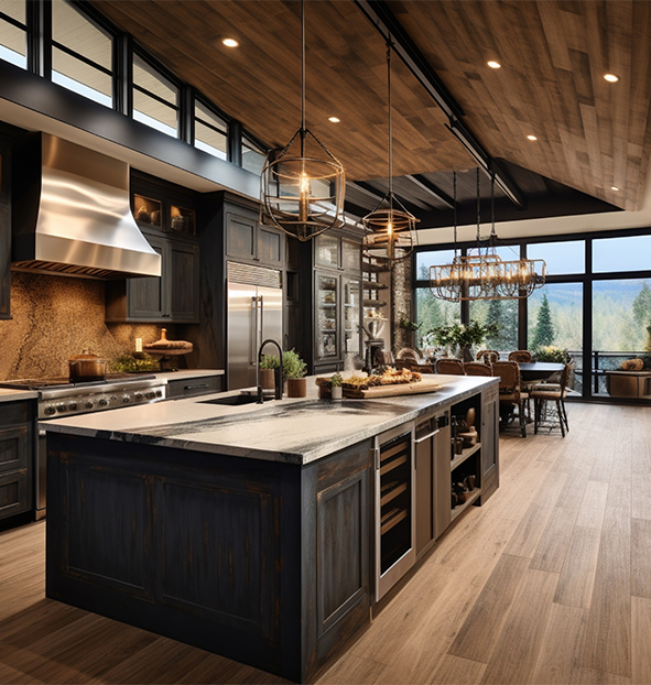 Luxurious kitchen with dark wood cabinets, large island, and natural light.
