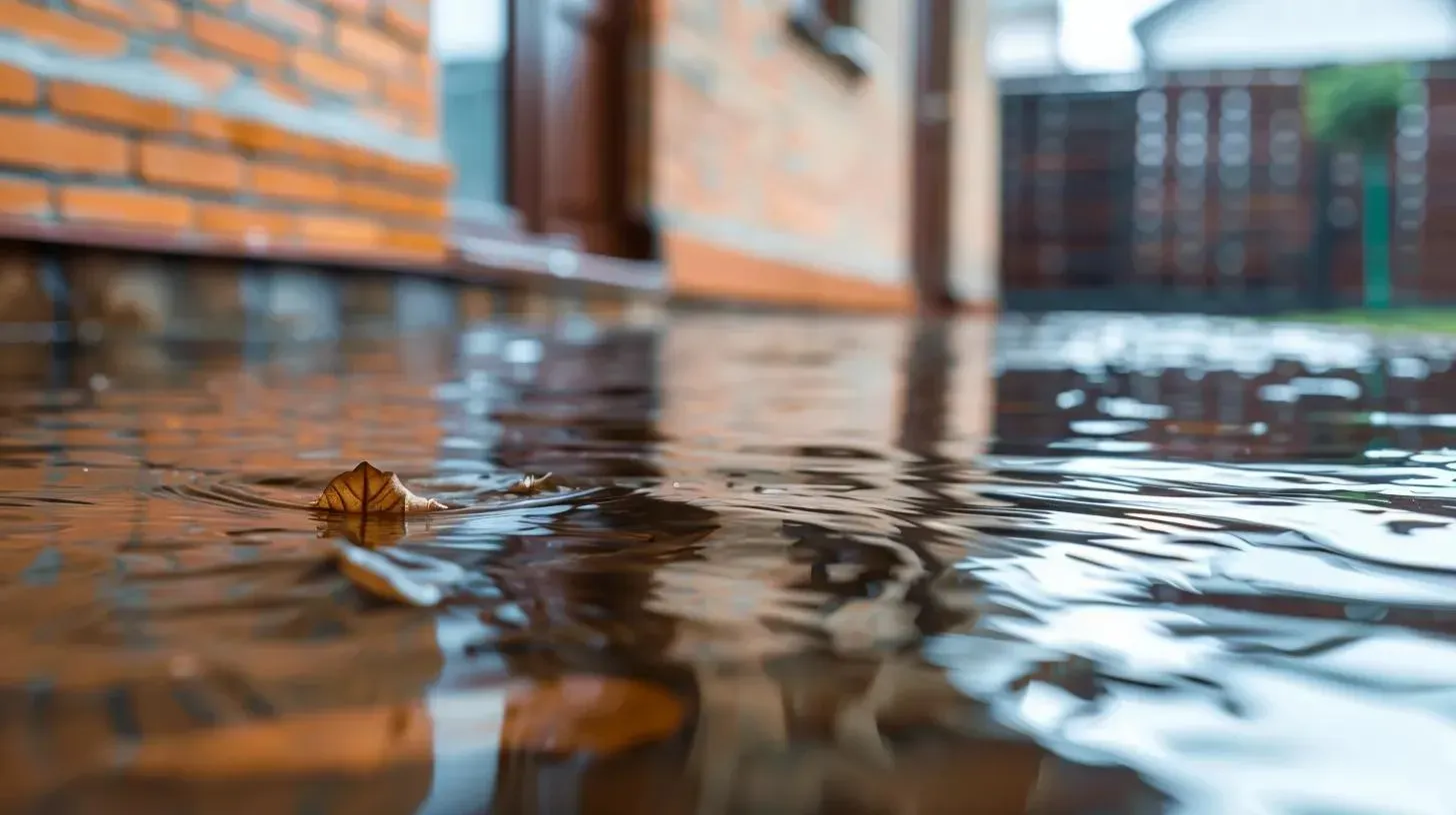 Puddle on brick patio reflecting brick building and fence; a leaf floats in the water.