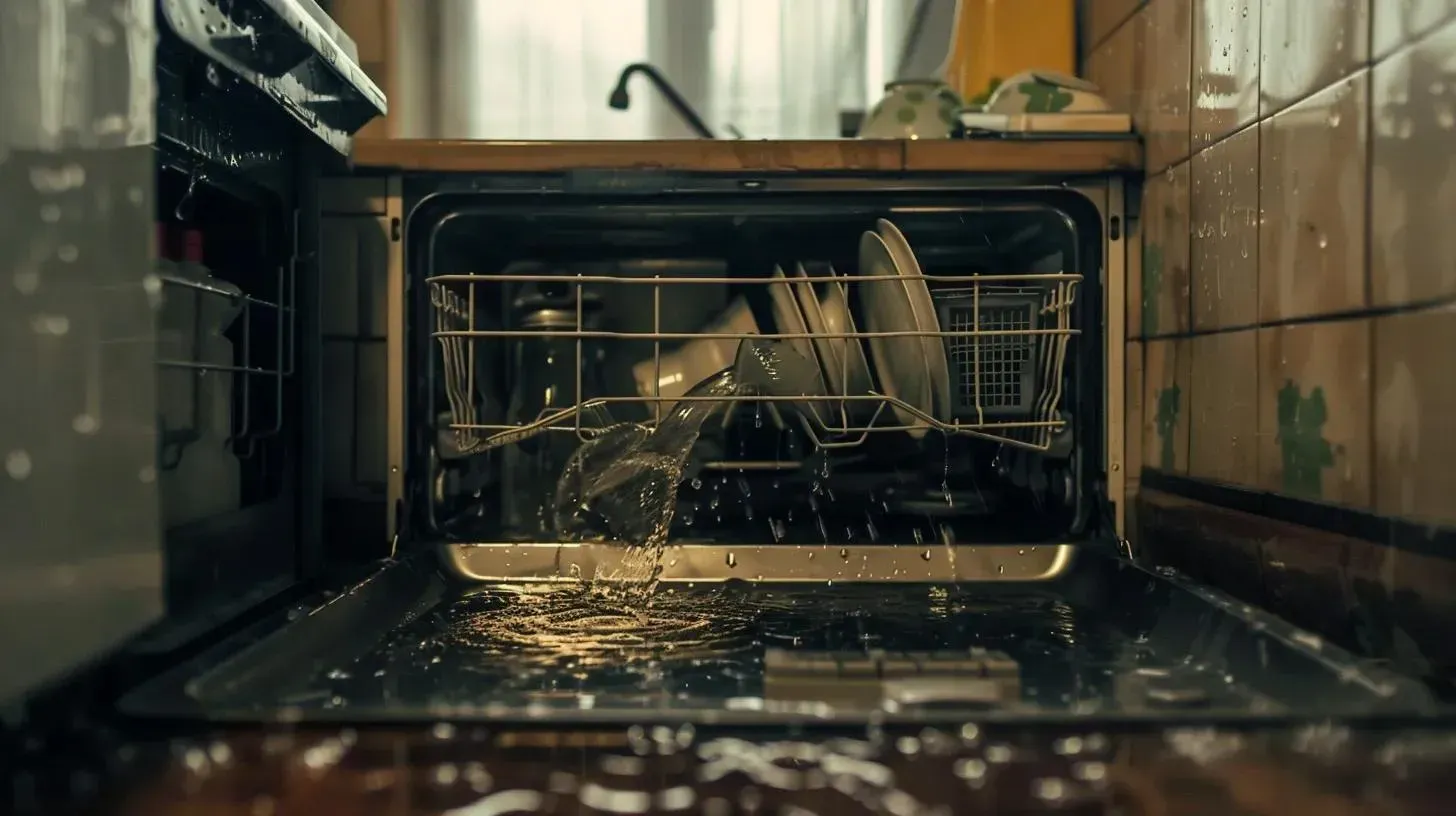 Dishwasher with open door, spraying water. Dishes inside, water on floor in a kitchen.