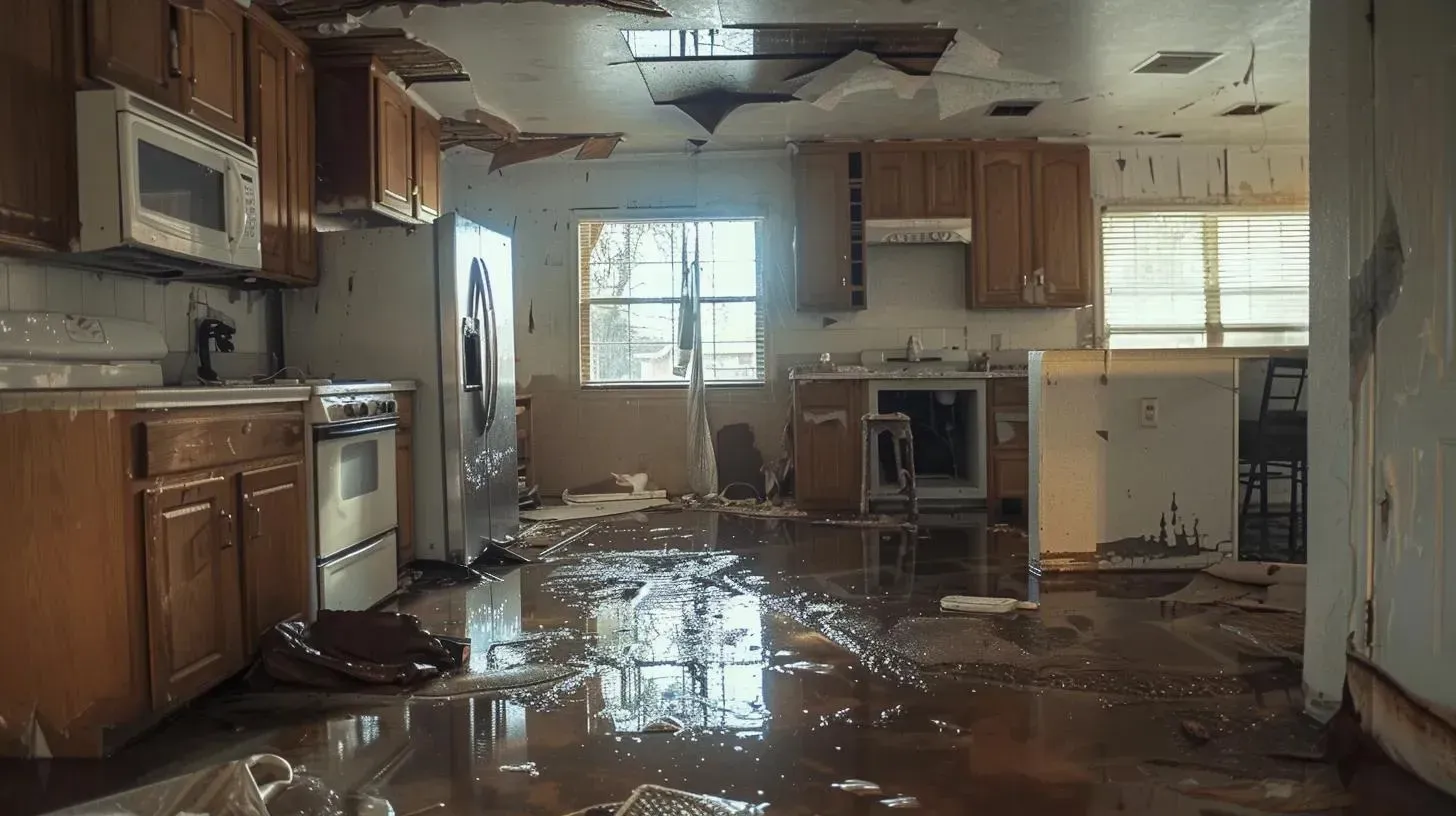 Flooded, damaged kitchen. Brown cabinets, appliances. Water on floor, debris, ceiling partially collapsed.