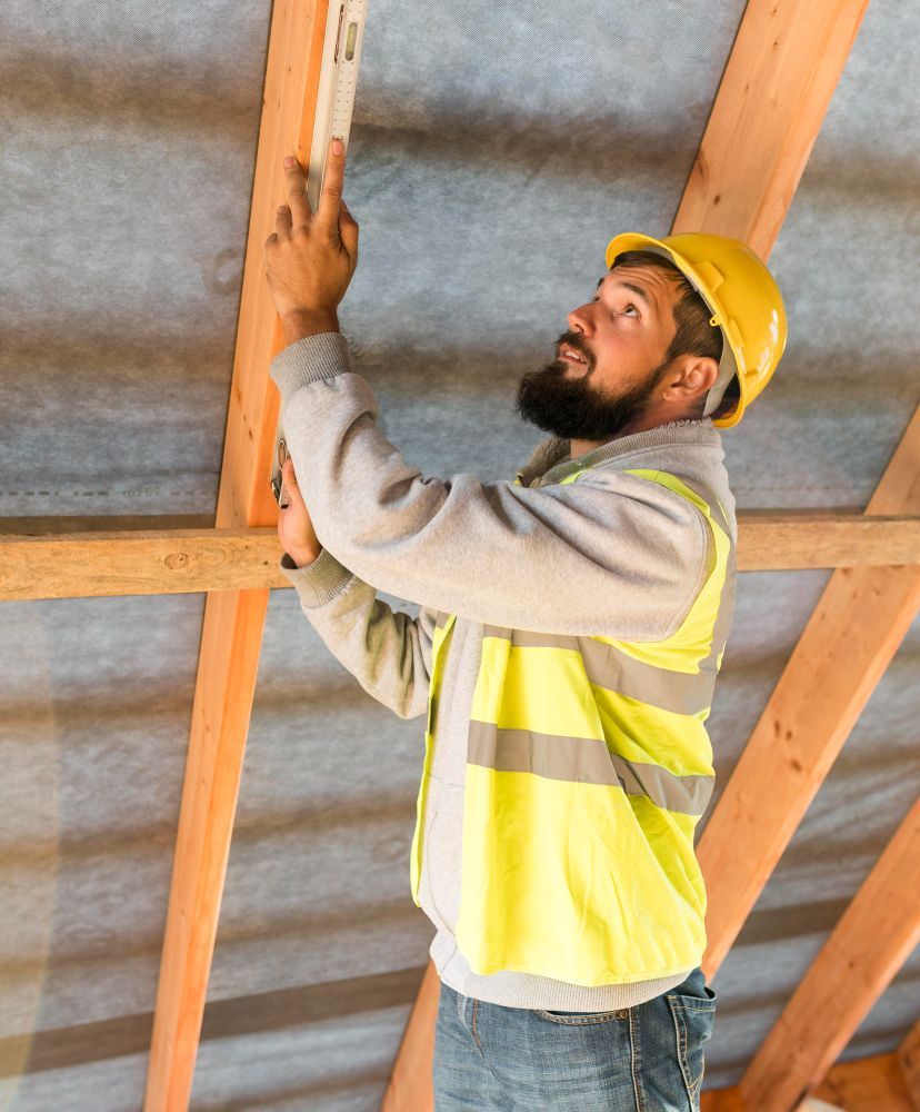 Construction worker in a hard hat and vest uses a level on a wood beam in an unfinished building.